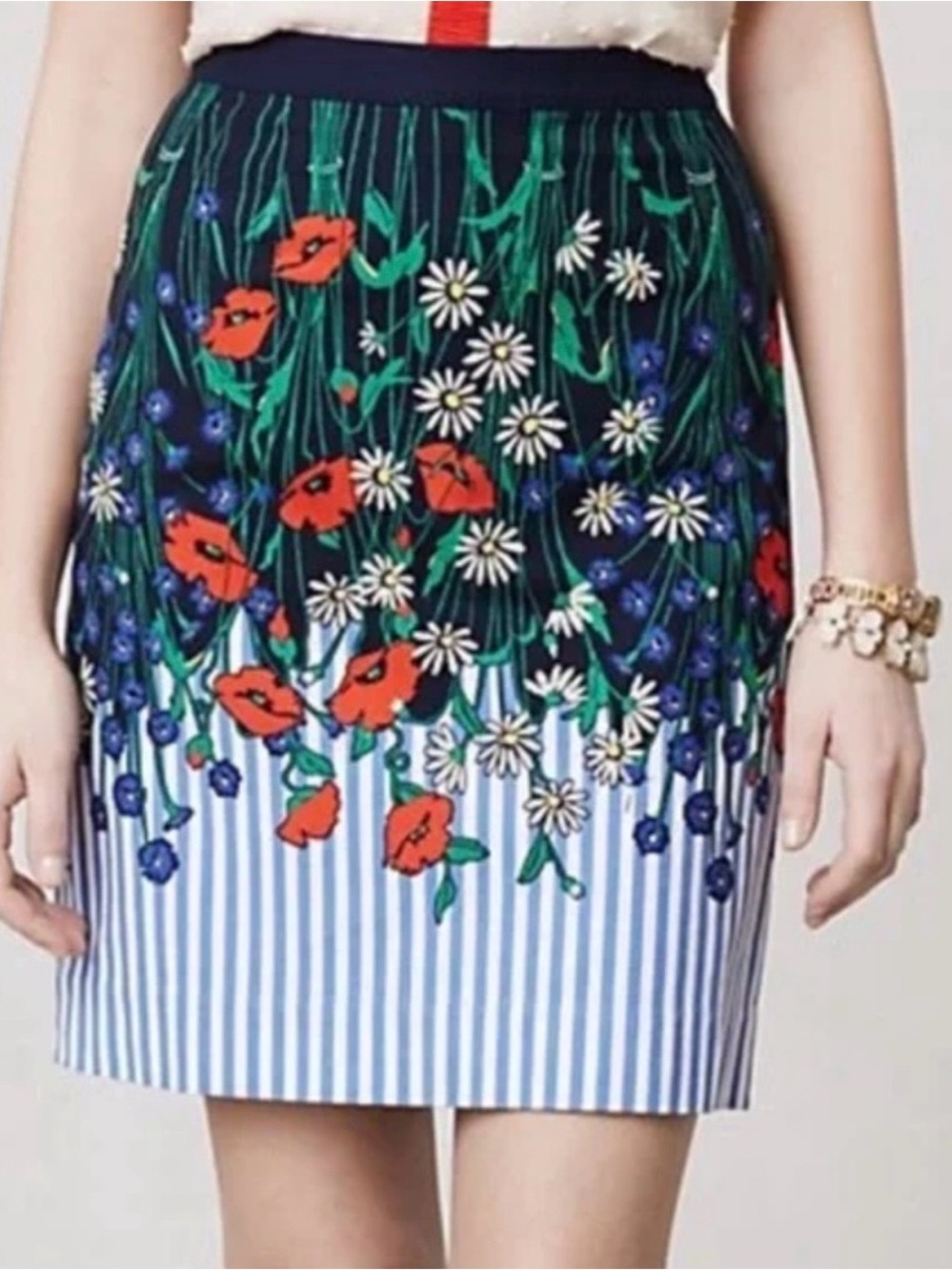 Anthropologie Lush Vertical Blue and Red Striped Garden Skirt. Size 8